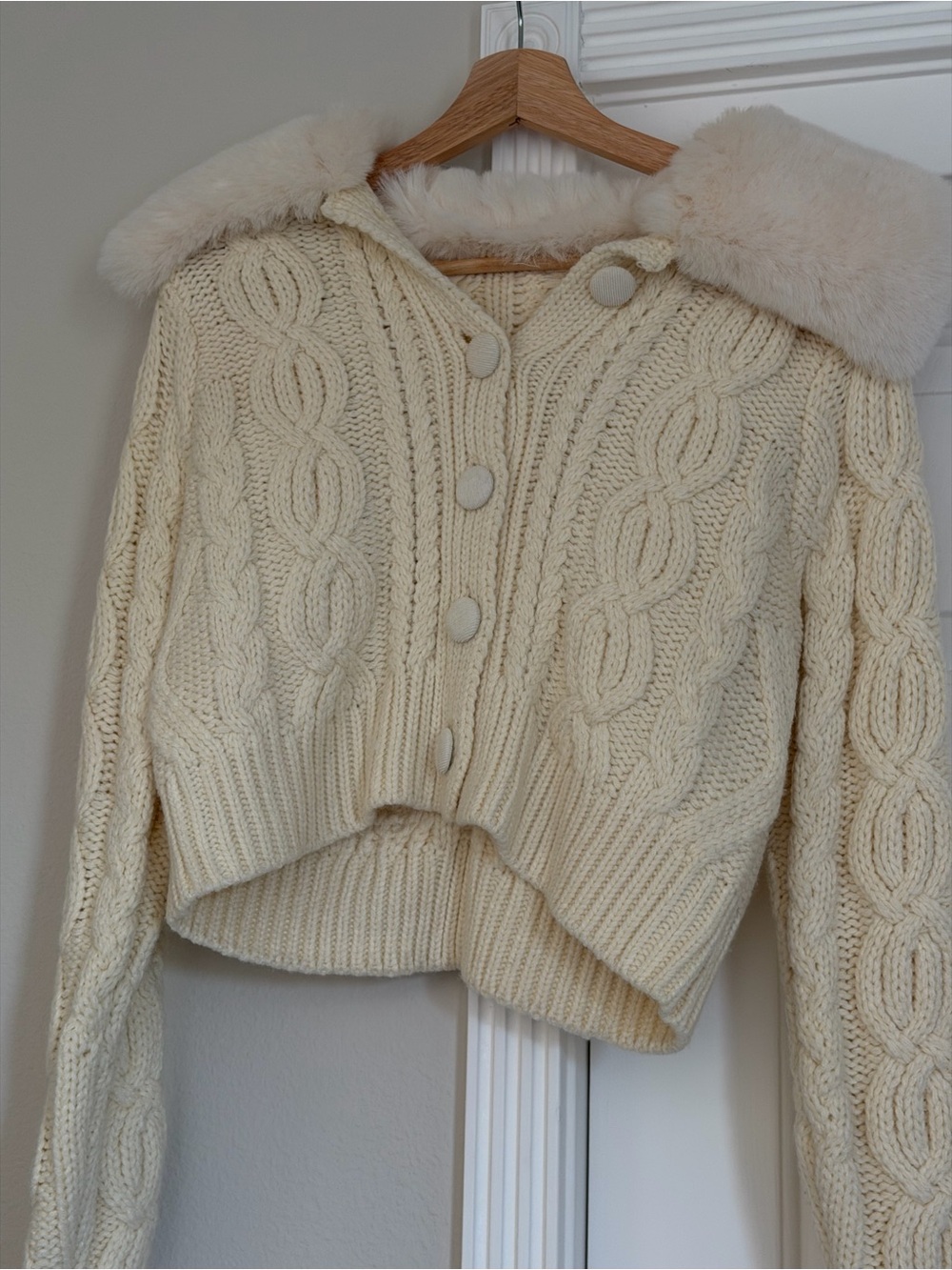 Cream Cable-Knit Button-Up Sweater with Faux Fur Collar